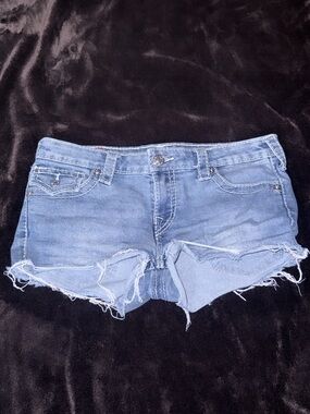 True Religion Light Blue Distressed Denim Shorts